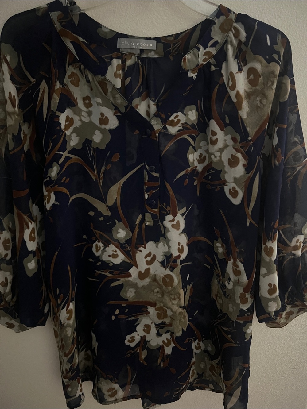 Olivia Moon Navy Floral Sheer Button V-Neck Blouse